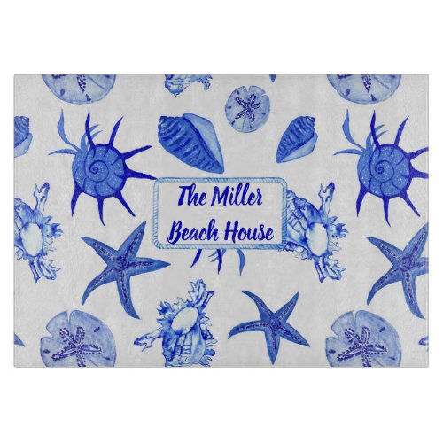 Blue mixed seashell pattern_custom name cutting board