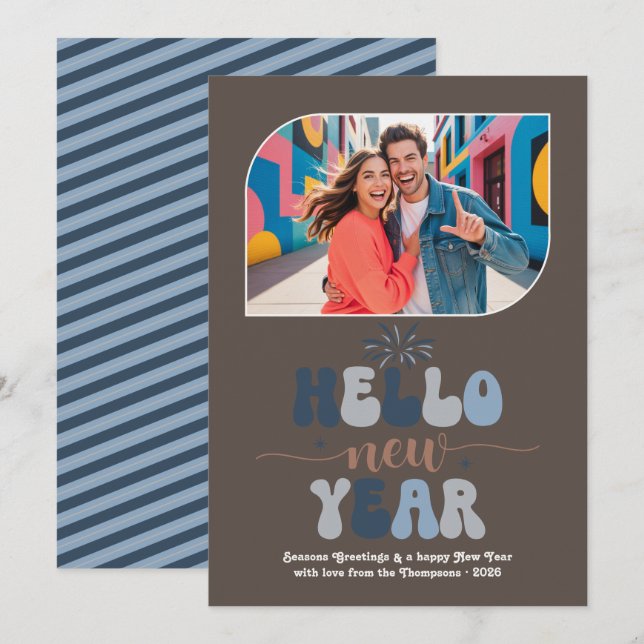 Blue Mocha Hello New Year Blue Retro Photo Holiday Card (Front/Back)