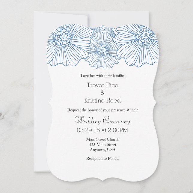 Blue Mod Flower Outlines Wedding Invitations (Front)