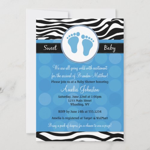 Blue Mod Zebra Print Baby Shower Invitations