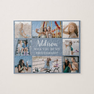 Blue Modern 8 Photo Collage Bridesmaid Proposal Jigsaw Puzzle