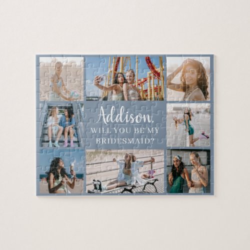 Blue Modern 8 Photo Collage Bridesmaid Proposal Jigsaw Puzzle