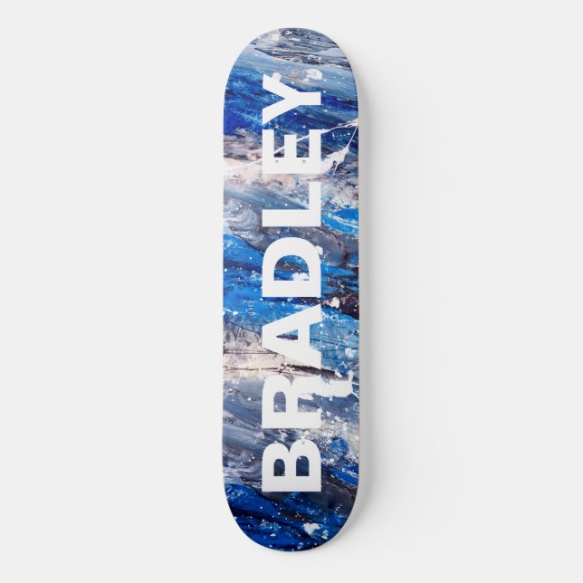 Blue Modern Abstract Custom Personalized Name Skateboard (Front)