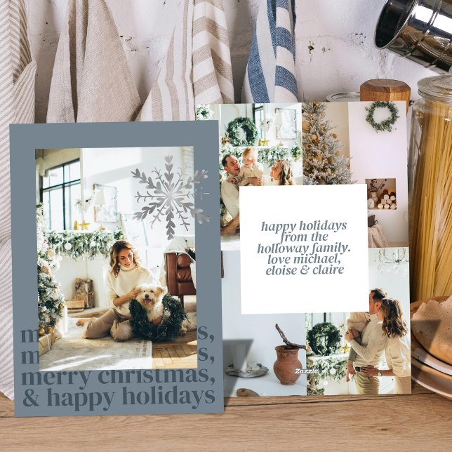 Blue Modern Aesthetic Photo Flat Holiday Card (Celebrate the season with this sleek and stylish flat holiday card.)