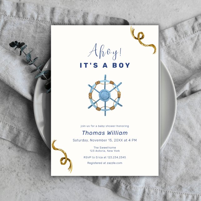 Blue Modern Ahoy It's A Boy Nautical Baby Shower Invitation (Blue Modern Ahoy It's A Boy Nautical Baby Shower Invitation)