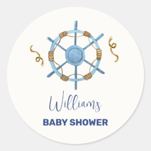 Blue Modern Ahoy Nautical Boy Baby Shower Classic Round Sticker