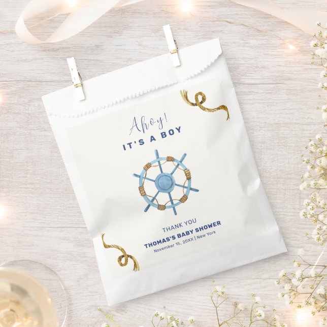 Blue Modern Ahoy Nautical Boy Baby Shower Favor Bag (Clipped)