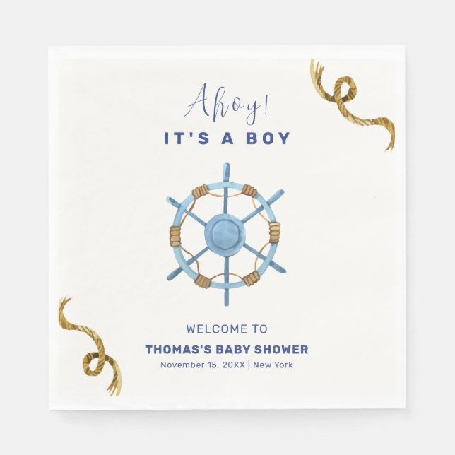 Blue Modern Ahoy Nautical Boy Baby Shower Napkins (Front)