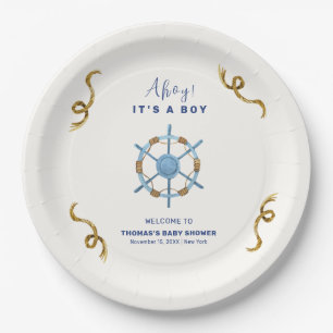 Blue Modern Ahoy Nautical Boy Baby Shower Paper Plates