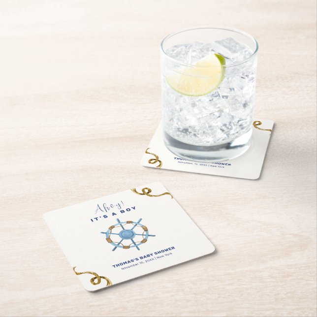 Blue Modern Ahoy Nautical Boy Baby Shower Square Paper Coaster (Insitu)