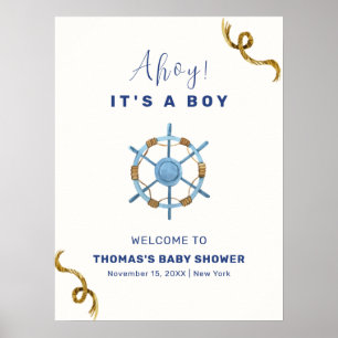 Blue Modern Ahoy Nautical Boy Baby Shower Welcome Poster