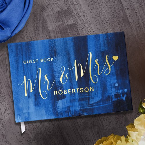 Blue modern art custom wedding  foil guest book 