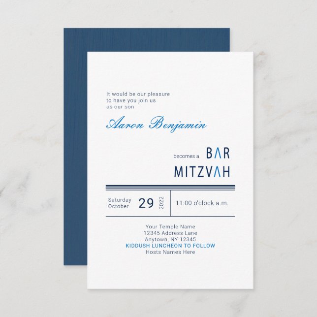 Blue Modern Bar Mitzvah Invitation (Front/Back)