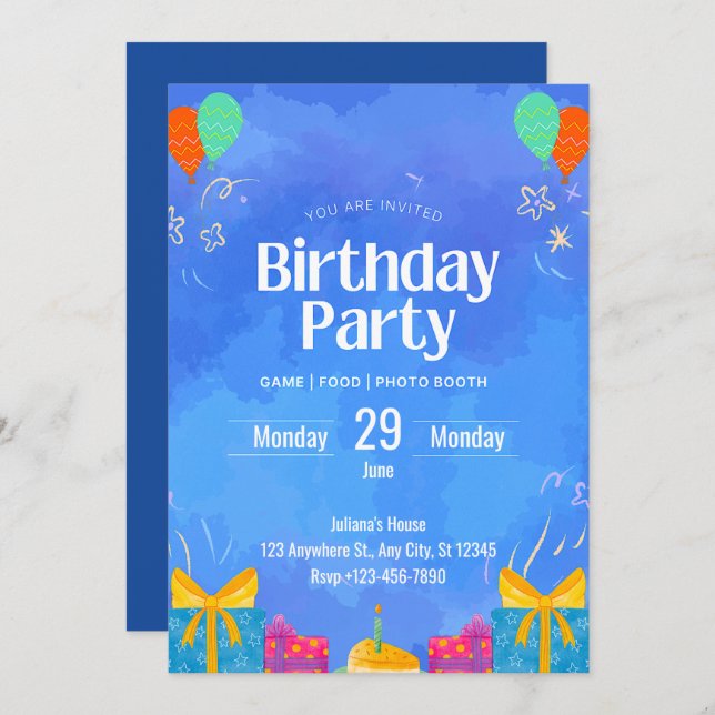 Blue Modern Birthday Invitation (Front/Back)