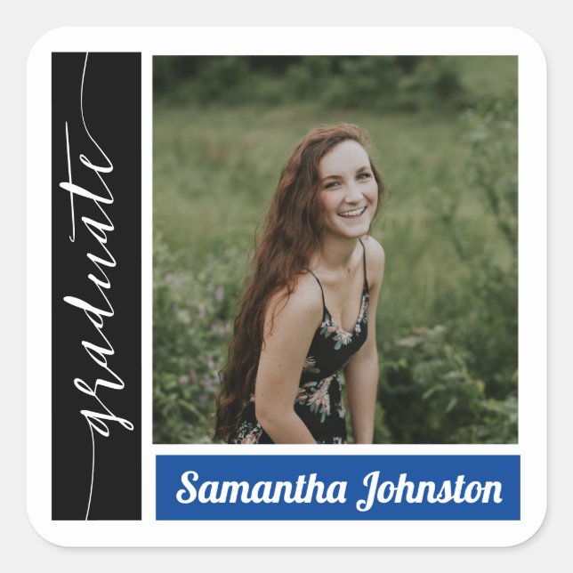 Blue Modern Block Photo Graduation Square Sticker (Front)