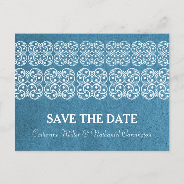 Blue Modern Bohemian Save the Date Postcard (Front)