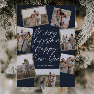 Blue Modern Boho 8 Photo Collage Christmas Holiday Card