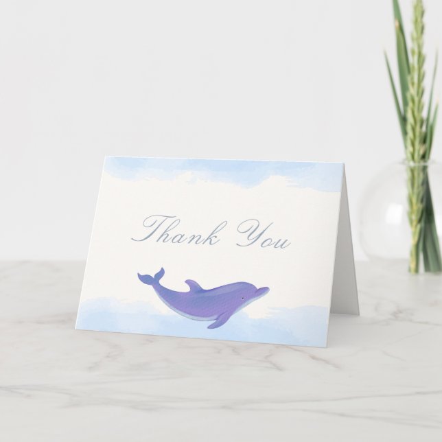 Blue Modern Boho Ocean Dolphin Baby Shower Thank You Card (Front)