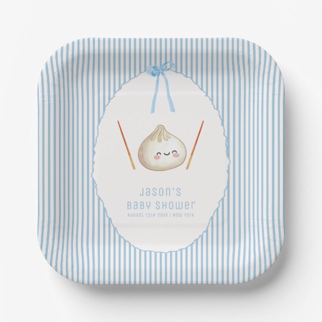 Blue Modern Boy Bow Asian Dumpling Baby Shower  Paper Plates (Front)