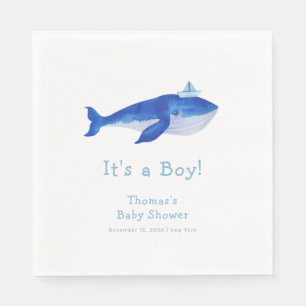 Blue Modern Boy Under The Sea Whale Baby Shower Napkins