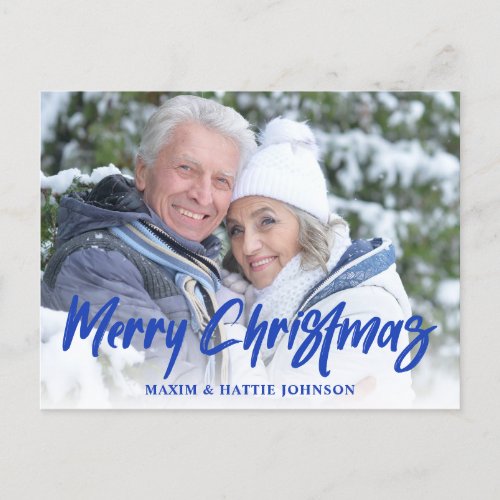 Blue Modern Brush Script Merry Christmas Photo Holiday Postcard