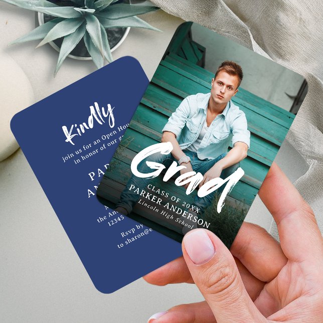 Blue Modern Brush Script Photo Graduation Enclosure Card (Blue Modern Brush Script Photo Graduation Enclosure Card)