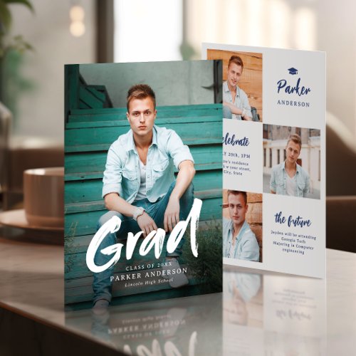 Blue Modern Brush Script Photo Graduation Invitation
