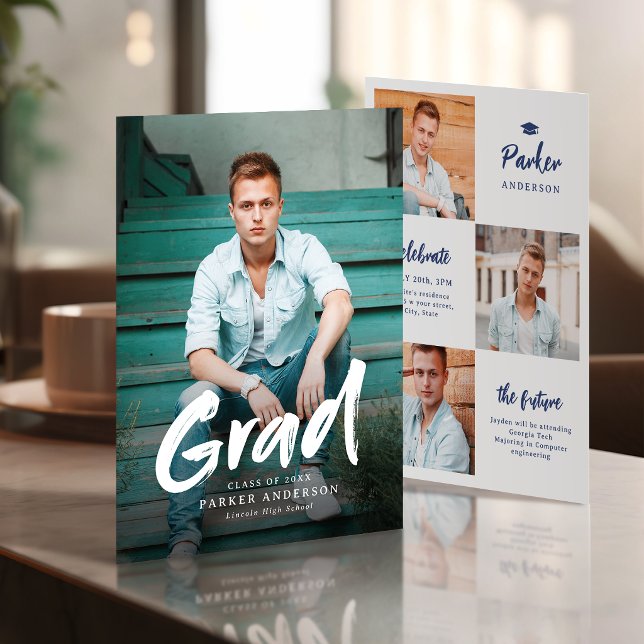 Blue Modern Brush Script Photo Graduation Invitation (Blue Modern Brush Script Photo Graduation Invitation)