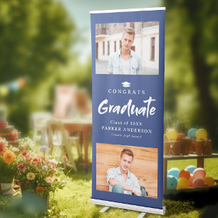 Blue Modern Brush Script Photo Graduation Party Retractable Banner