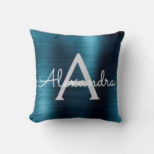 Blue Modern Brushed Metal Monogram Name Throw Pillow