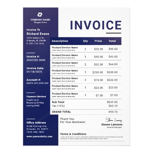 Blue Modern Business Invoice Sales Receipt Form Flyer