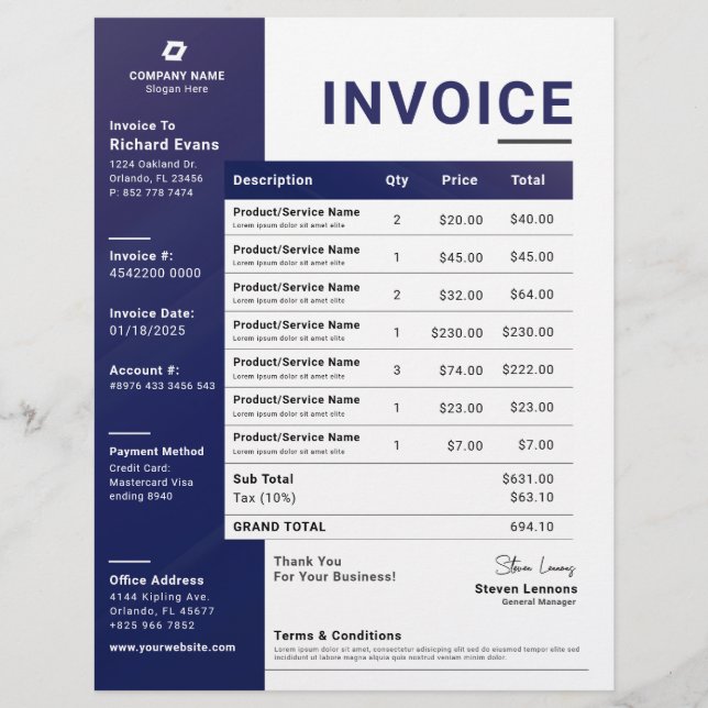 Blue Modern Business Invoice Sales Receipt Form Flyer (Front)