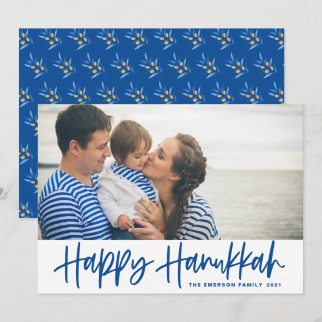 Blue Modern Calligraphy Happy Hanukkah Photo Holiday Card (Front/Back)