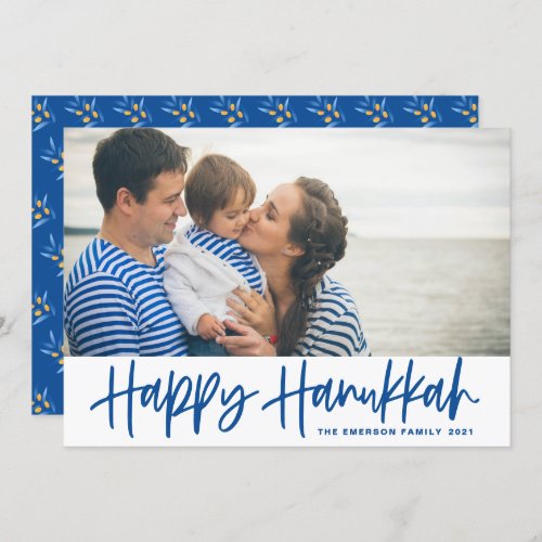 Blue Modern Calligraphy Happy Hanukkah Photo Holiday Card