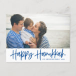 Blue Modern Calligraphy Happy Hanukkah Photo Holiday Postcard<br><div class="desc">Happy Hanukkah! Send Hanukkah wishes to family and friends with this customizable photo postcard. It features blue modern calligraphy with an olives pattern. Personalize by adding names and a photo. This Happy Hanukkah script card is available in other cardstock.</div>