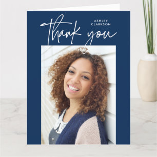 Blue Modern Calligraphy Photo Graduation Folded Letterpress Thank You Card