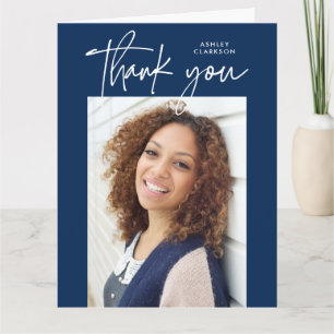 Blue Modern Calligraphy Photo Graduation Folded Thank You Card