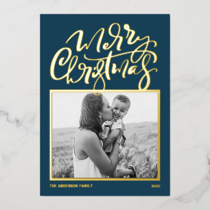 Blue Modern Calligraphy Photo Merry Christmas Foi Foil Holiday Card