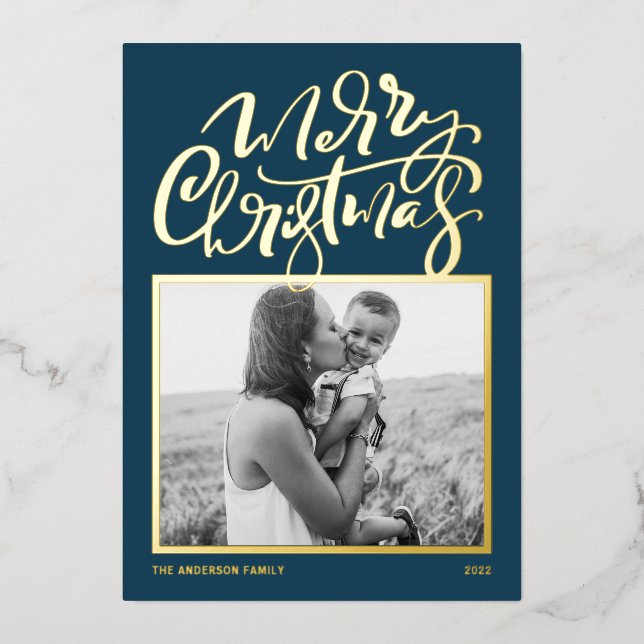 Blue Modern Calligraphy Photo Merry Christmas Foi Foil Holiday Card (Front)
