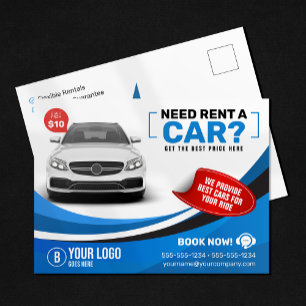 Blue Modern Car Hire Car Rental Car Rent Postcard