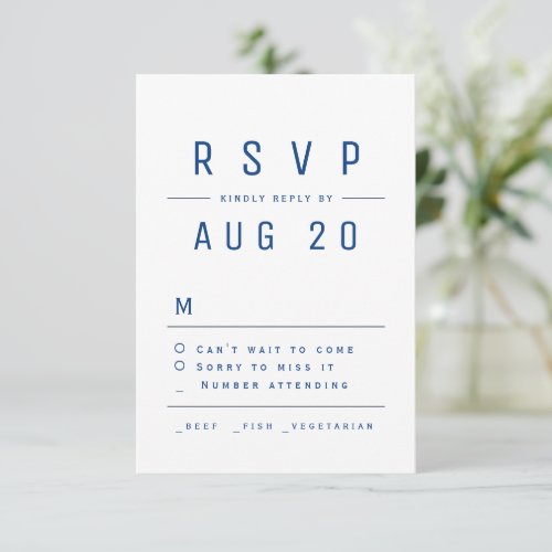 Blue Modern Chic Simple Typography Wedding RSVP Card