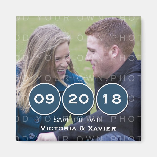 Blue Modern Circles Photo Save the Date Magnet (Front)