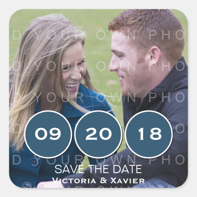 Blue Modern Circles Photo Save the Date Stickers (Front)