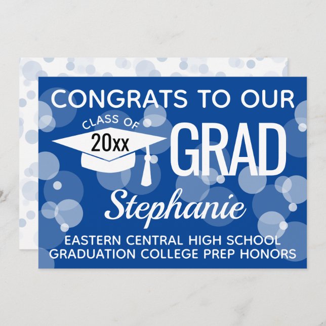Blue Modern Confetti Bokeh Bubbles Graduation Invitation (Front/Back)