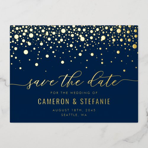Blue Modern Confetti Dots Gold Foil Save the Date Foil Invitation Postcard
