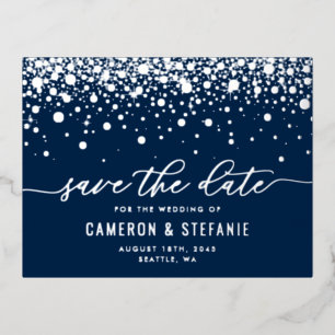 Blue Modern Confetti Silver Foil Save the Date Foil Invitation Postcard