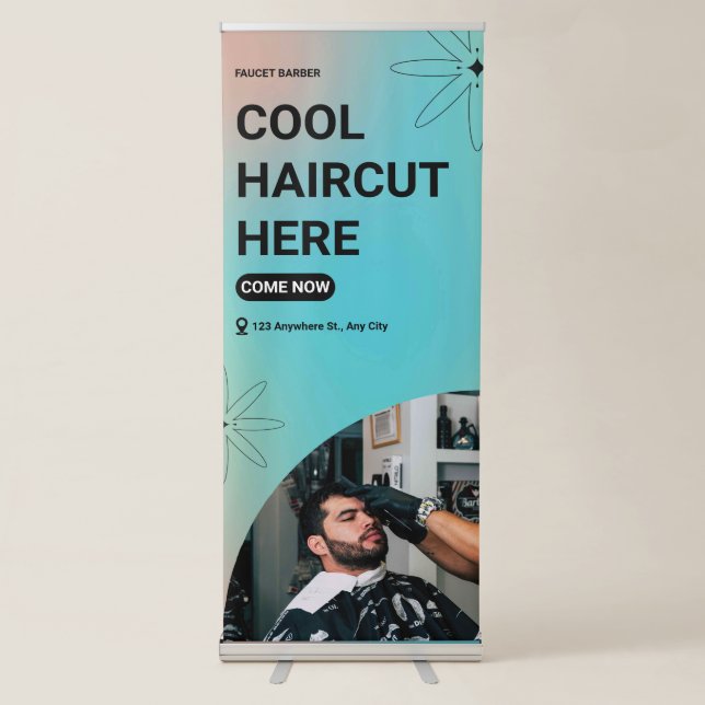 Blue Modern Cool Haircut Here Vertical Retractable Banner (Front)