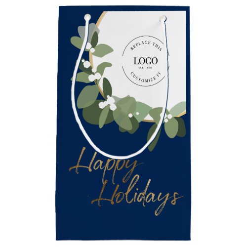 Blue Modern Corporate Logo Happy Holidays Gold Small Gift Bag
