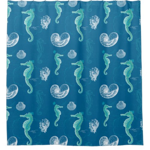 Blue Modern Cottage Beach Ocean Seahorse Seashells Shower Curtain