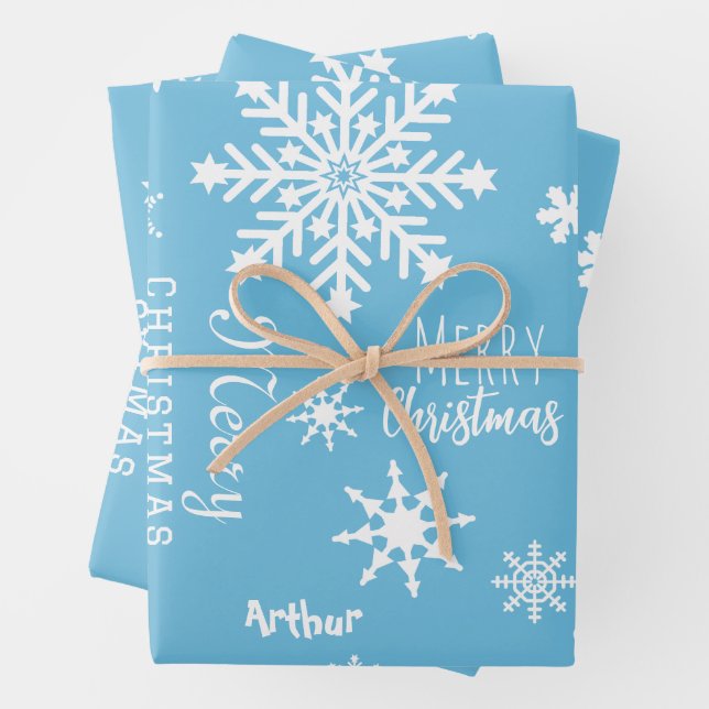 Blue Modern Custom Name Christmas Holiday Snow Wrapping Paper Sheets (In situ)